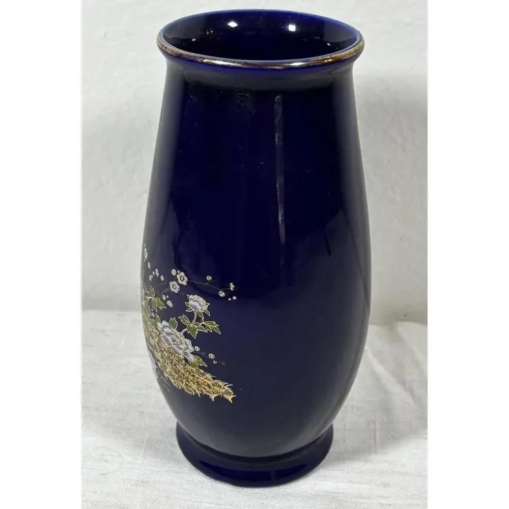 Vintage UC Japan Peacock Vase Cobalt Blue Gold Floral 7” Porcelain